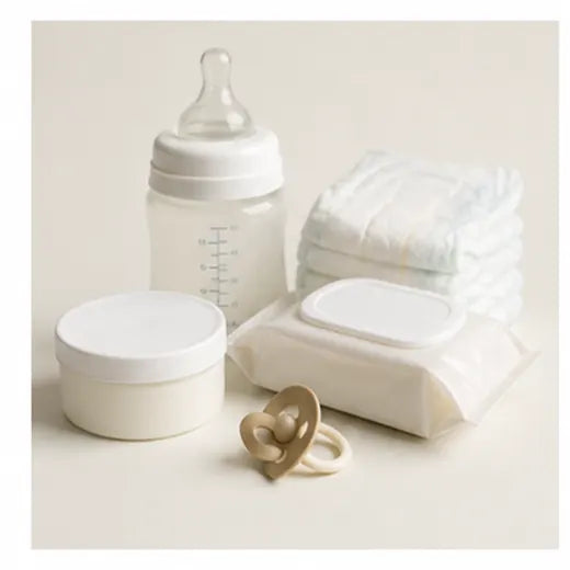Baby and mother care products on a clean white background