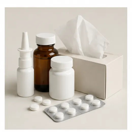 Cold and flu care products on a clean white background