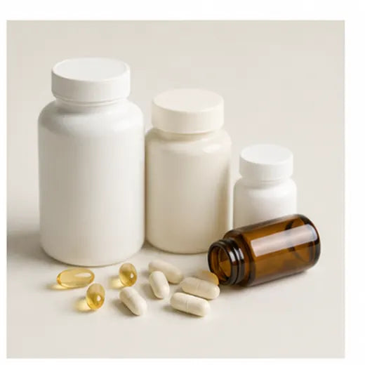 Vitamin and wellness products on a clean white background