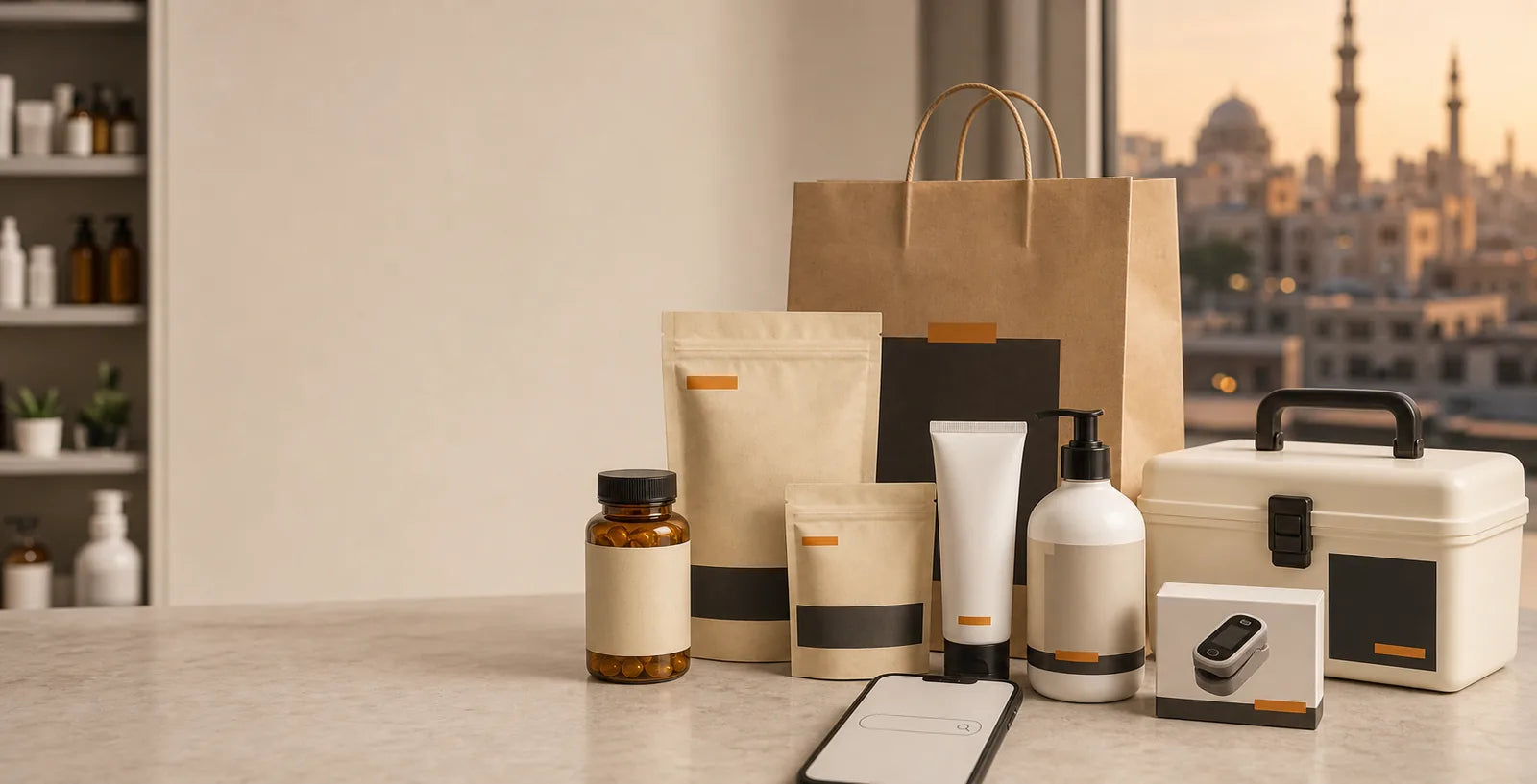 Everyday pharmacy products and a delivery bag on a clean white counter